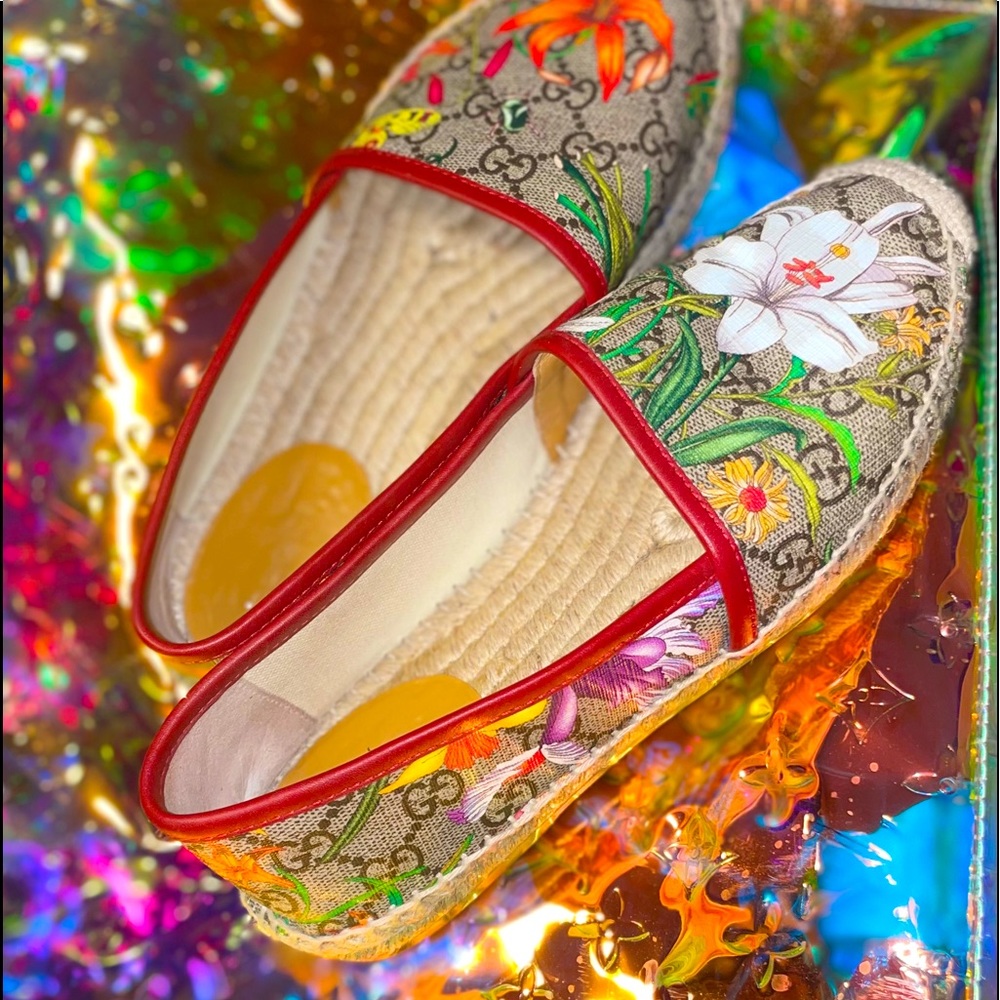 Gucci Pilar Floral GG Supreme Espadrille Flat